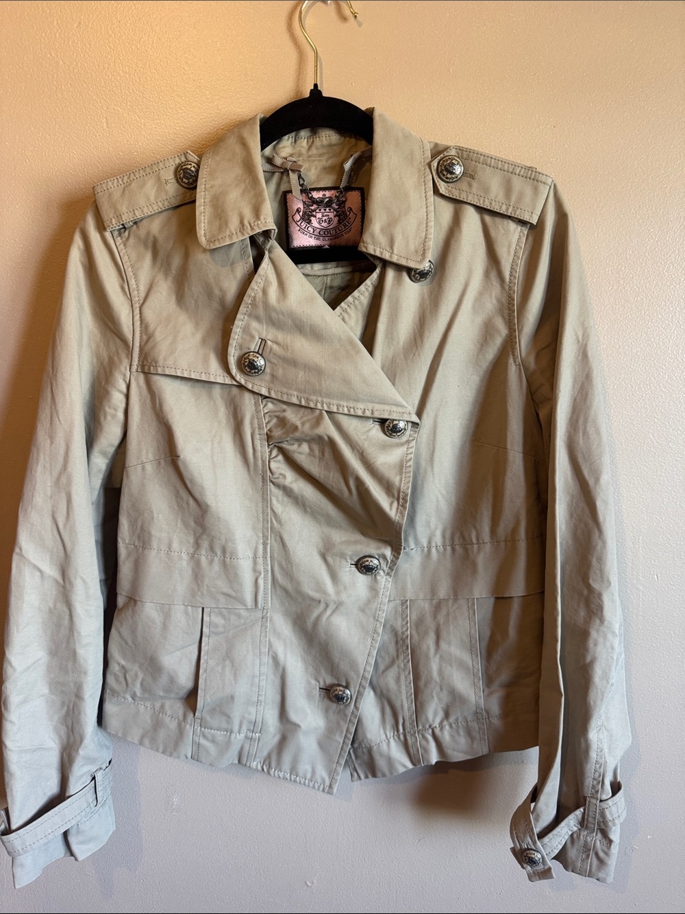 Juicy Couture Light Khaki Double-Breasted Short Trench Jacket